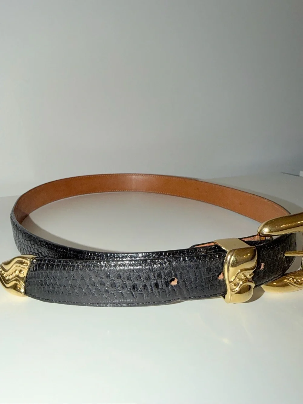 De Sanchez Black Genuine Lizard With Gold-Tone Buckle Belt, Sz 32